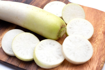 Sliced Japanese daikon. Fresh vegetables