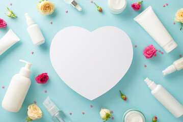 Natural skincare with top view flat lay of exquisite cream bottles, tubes, pump bottles, and pipettes with beautiful rose flowers on pastel blue background with empty white heart for logo