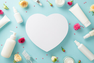 Natural skincare with top view flat lay of exquisite cream bottles, tubes, pump bottles, and...