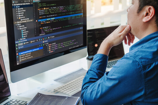 Developing programmer Team Development Website design and coding technologies working in software company office