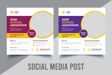 school admission template for social media ads. School admission social media post banner design. back to school social media post banner design. Back to school admission promotion banner.