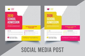 school admission template for social media ads. School admission social media post banner design. back to school social media post banner design. Back to school admission promotion banner.