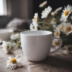 Obraz na płótnie Canvas A mockup of a white coffee cup next to flowers, created with Generative AI