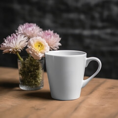 Fototapeta premium A mockup of a white coffee cup next to flowers, created with Generative AI