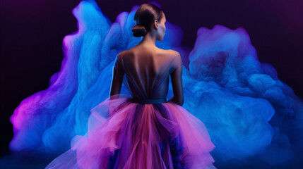 Back view of elegant beautiful princessn in purple evening dress posing for magazine illustration, glamour. Galaxy nebula space background. Ai generated art