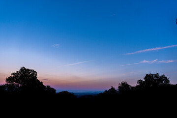 Blue and pink sunset with clear sky and silhouette of forest