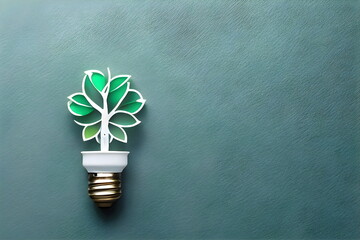 Eco friendly lightbulb made of green paper leaves, the concept of renewable energy and environmental care. Generative AI