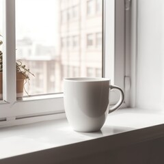 A mockup of a white coffee cup next to a window, created with Generative AI