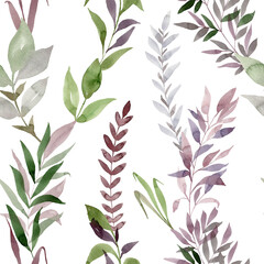 Watercolor seamless floral background. Pattern with forest leaves.