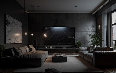 Get ready for a cinematic experience at home in this spacious and comfortable living room featuring an AI-designed 150-inch large-screen TV perfect for a home theater. Generative AI