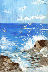 Sea and seagulls. Hand drawn oil illustration.