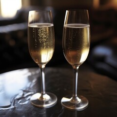 glasses of champagne on blurred background.