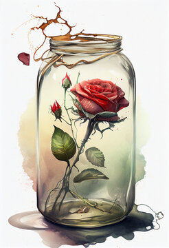 Prickly beautiful rose under a glass jar in a watercolor style. Generative AI