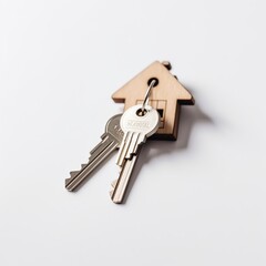 A house key with a house model as a keychain hanging on a white background.