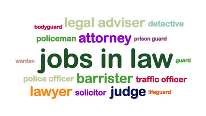 Jobs in Law Word Cloud Jumbled on White Background