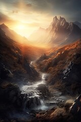 Beautiful vertical landscape with tall mountains, waterfall and a river. Generative AI