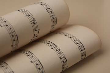 Rolled sheets with music notes on light background, closeup
