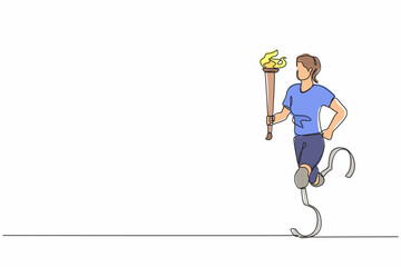 Continuous one line drawing faceless disabled female or sportswoman holding flaming torch in running pose. Disabled sport, success, disability games, championship. Single line graphic design vector © Simple Line