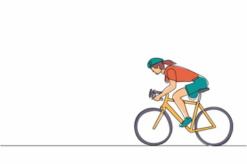 Continuous one line drawing female athlete cyclist with physical disabilities in action at championship. Concept for sport, summer disability games, recovery. Single line draw design vector graphic
