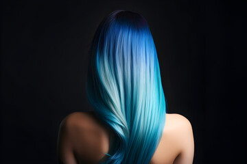 Naklejka premium Beauty fashion woman with colorful blue dyed hair, view from back. Hair salon, care and beauty hair products, trendy coloring