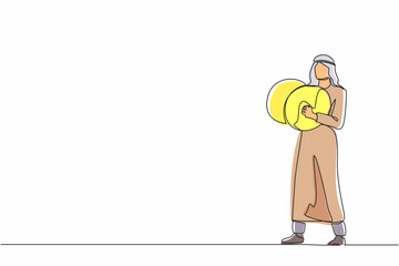 Single continuous line drawing Arabian male musician playing cymbals. Man performer playing classical music with percussion musical instrument. Person performs on stage. One line graphic design vector