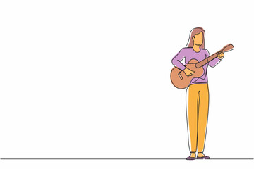 Continuous one line drawing young woman playing acoustic guitar. Teenage girl musician playing strings at musical performance. Professional musician. Single line design vector graphic illustration