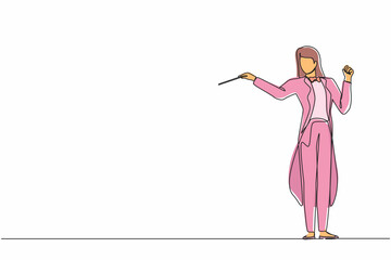 Continuous one line drawing woman music orchestra conductor. Female musician in tuxedo suit with arm gestures. Expressive conductor directs orchestra during performance. Single line draw design vector