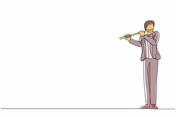 Continuous one line drawing male musician playing flute, standing in suit. Flutist performing classical music on wind instrument. Solo performance of talented flautist. Single line draw design vector