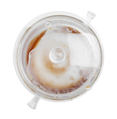 Dirty glass pot with lid on white background, top view