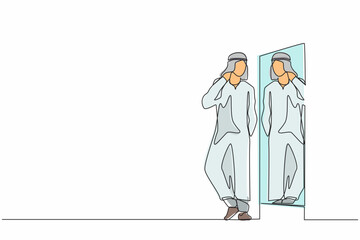 Single one line drawing Arab businessman choosing Arabian clothes for business meeting. Man trying on clothes. Guy with style. Mirror with male reflection. Continuous line draw design graphic vector