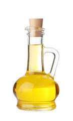 Glass jug of cooking oil isolated on white