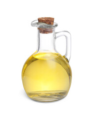 Glass jug of cooking oil isolated on white