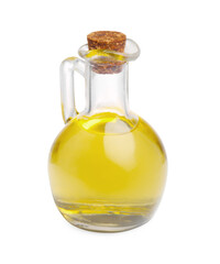 Glass jug of cooking oil isolated on white
