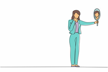 Single one line drawing businesswoman holding hand mirror. Female manager with hand mirror. Woman looking at herself in mirror. Narcissism and reflection concept. Continuous line draw design vector