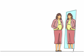 Continuous one line drawing businesswoman standing in front of mirror and see herself getting big belly with holding her stomach. Oversized and obesity concept. Single line draw design vector graphic