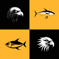 Animal icon-illustration set. Vector graphics silhouette eagles and tunas