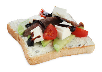 Delicious sandwich with anchovy, cheese, tomato and sauce on white background