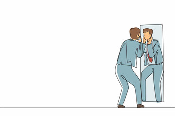 Single continuous line drawing businessman holding his face on reflection mirror. Man applying lotion on stubble after-shaving or trimming, looking at mirror. One line draw design vector illustration