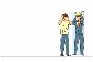 Single one line drawing narcissistic businessman looking at mirror and seeing in reflection of himself with crown on his head. Person overestimate, self confidence. Continuous line draw design vector