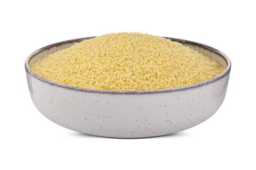 Bowl of raw couscous isolated on white