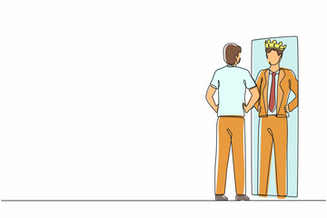 Single continuous line drawing narcissistic businessman looking at mirror and seeing in reflection of himself with crown on his head. Self confidence, motivation. One line design vector illustration
