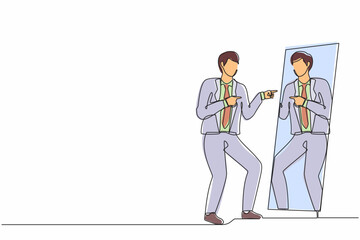 Single one line drawing happy narcissistic businessman looks at mirror. Man self reflection. Narcissism and vanity. Look selfishness, narcissistic and admiring. Continuous line design graphic vector