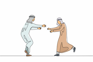 Single continuous line drawing two happy Arabian guys run to meet each other. Males embracing and laughing. Meeting of friends. Male friendship meet. One line draw graphic design vector illustration