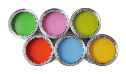 Cans of different paints on white background, top view
