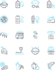 Grocery Supermarket linear icons set. Produce, Bakery, Meat, Dairy, Deli, Frozen, Canned line vector and concept signs. Organic,Snacks,Beverages outline illustrations