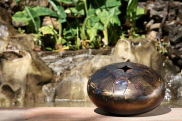 Steel tongue drum near pond on sunny day, space for text. Percussion musical instrument