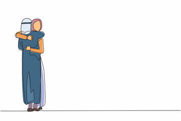 Single continuous line drawing excited wife embracing beloved husband at home on return from business trip. Happy Arabian couple cuddling celebrating anniversary. One line draw graphic design vector