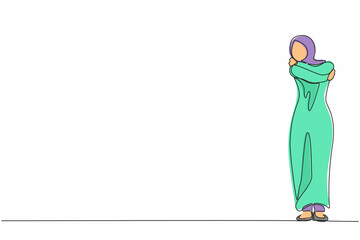 Continuous one line drawing love yourself. Arab woman hugging oneself, happy, positive, smiling. Beautiful woman hugging oneself happy. Self love and self care. Single line draw design vector graphic