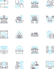 Gathering linear icons set. Convene, Assemble, Meet, Get-together, Congregate, Mingle, Rally line vector and concept signs. Cluster,Bring-together,Accumulate outline illustrations