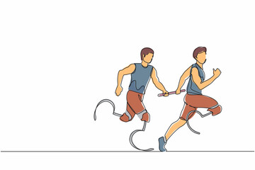 Continuous one line drawing two disable runners with prosthesis leg, disability men, amputee athletes, amputees running in relay race handing over the baton. Single line draw design vector graphic